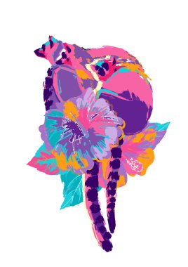 Hibiscus çiçek üzerinde oturan üç vahşi lemurlar soyut vektör tasarımı