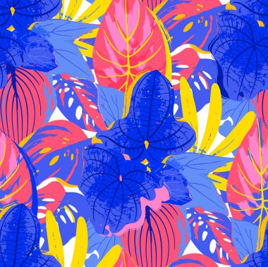 Canlı renklerde egzotik yaprakların soyut vektör seamless modeli.
