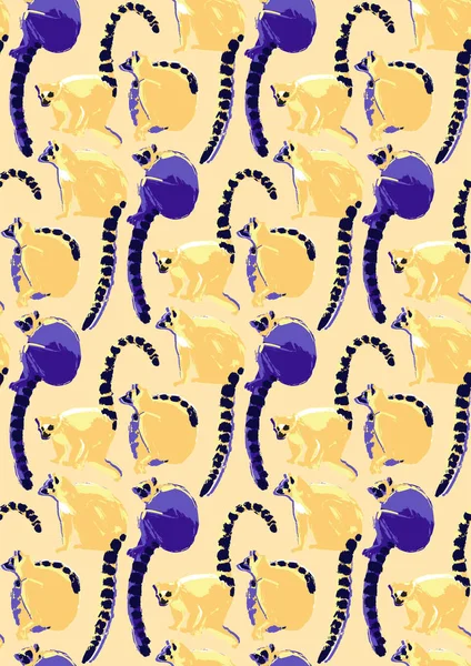 Padrão de lêmures selvagens desenhados na técnica de escova áspera em cores vibrantes — Vetor de Stock