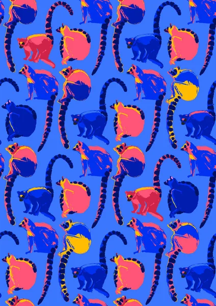 Шаблон диких лемуров, нарисованных в технике грубой кисти в ярких цветах — стоковый вектор