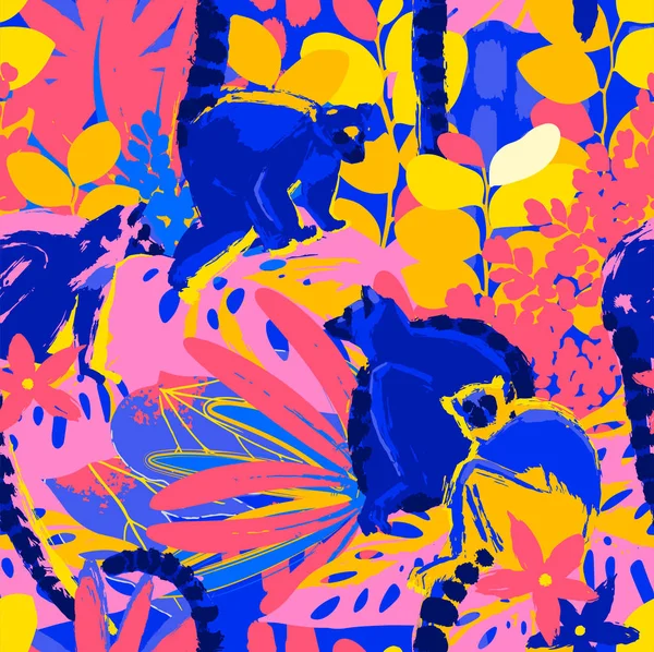エキゾチックな植物に囲まれて座って野生のキツネザルの抽象的なベクトル パターン — ストックベクタ