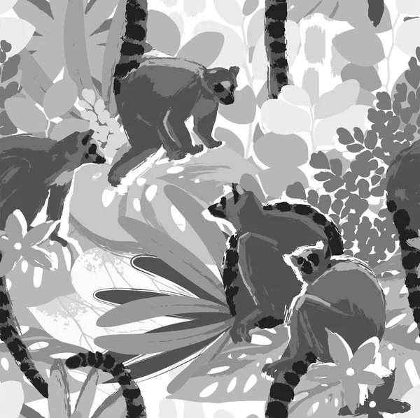 Abstraktes Vektormuster der wilden Lemuren inmitten der exotischen Pflanzen — Stockvektor
