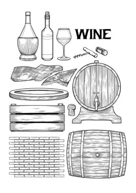 Şaraphane ahşap malzeme oyma tekniğinde çizilmiş grafik toplama