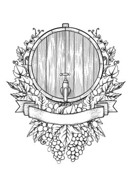 Üzüm ve yaprakları ile süslenmiş grafik şarap varil demet.