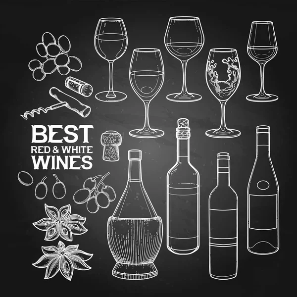 Copas de vino gráficas, botellas y otros alimentos deliciosos — Vector de stock