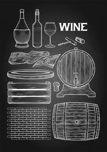 Collection graphique de produits vinicoles en bois dessinés dans la technique de gravure — Image vectorielle