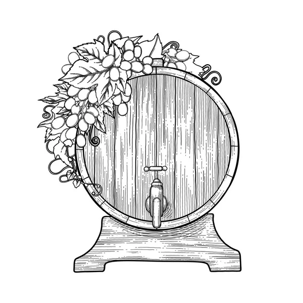 Graphic wine barrel decorated with bunches of grapes and leaves. — Stock Vector