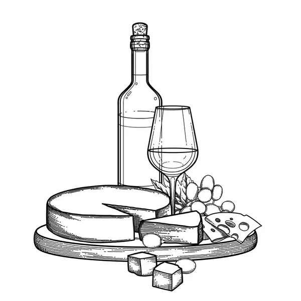 Botella gráfica y copa de vino con queso camembert y uvas — Archivo Imágenes Vectoriales