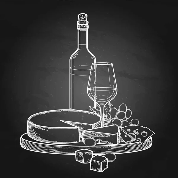 Botella gráfica y copa de vino con queso camembert y uvas — Vector de stock