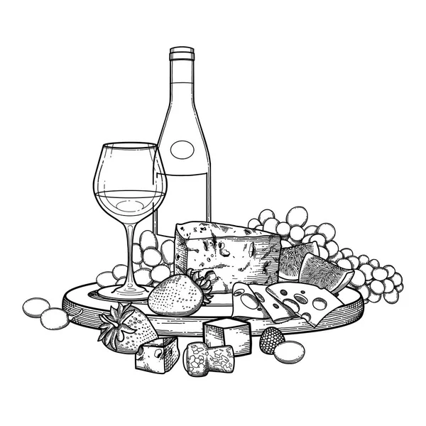 Copa de vino gráfico y botella decorada con deliciosa comida — Vector de stock