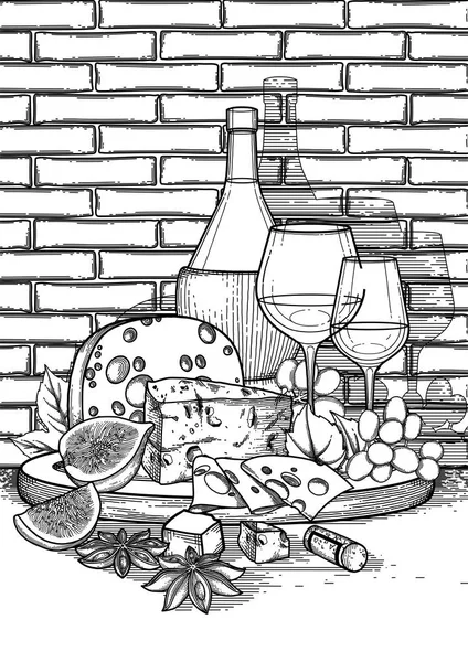 Copa de vino gráfico y botella decorada con deliciosa comida — Archivo Imágenes Vectoriales