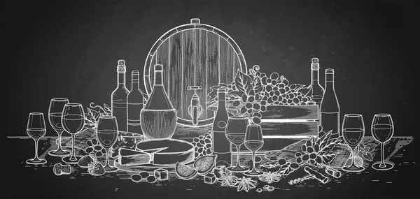 Copas de vino gráficas y botellas decoradas con deliciosa comida — Archivo Imágenes Vectoriales