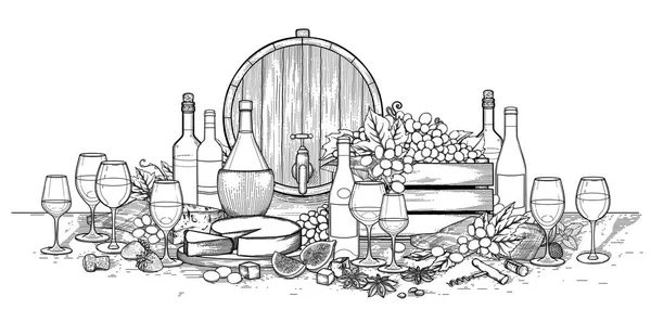 Bicchieri di vino grafici e bottiglie decorate con cibo delizioso — Vettoriale Stock
