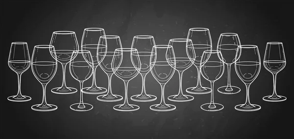 Grafické řada skleniček na víno izolovaných na bílém pozadí — Stockový vektor