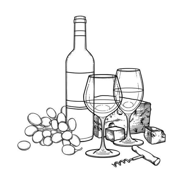 Twee aquarel glazen wijn, fles, druiven, kaas en kurkentrekker — Stockvector