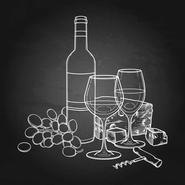 两杯水彩葡萄酒、酒瓶、葡萄、奶酪和螺丝钉 — 图库矢量图片