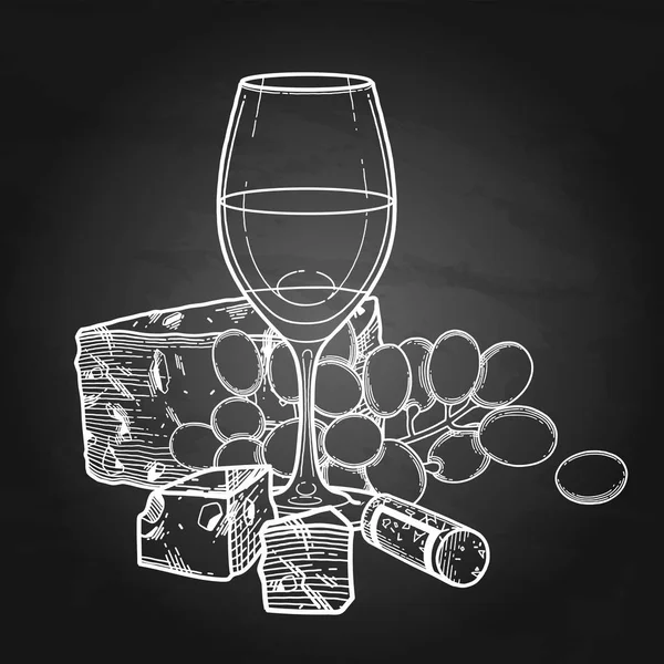 Графический бокал вина, украшенный сыром, виноградом и пробкой — стоковый вектор