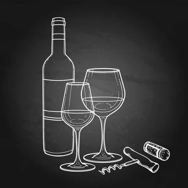 两杯水色葡萄酒、酒瓶、软木塞和软木塞 — 图库矢量图片