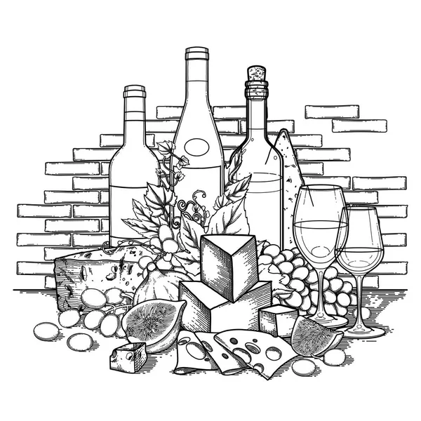 Copas de vino gráficas y botellas decoradas con deliciosa comida — Vector de stock