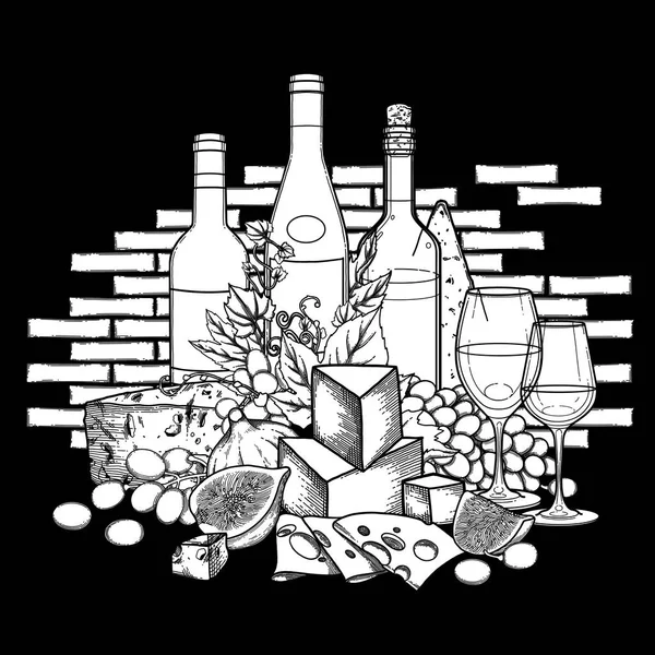 Bicchieri di vino grafici e bottiglie decorate con cibo delizioso — Vettoriale Stock