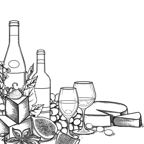 Copas de vino gráficas y botellas decoradas con deliciosa comida — Vector de stock