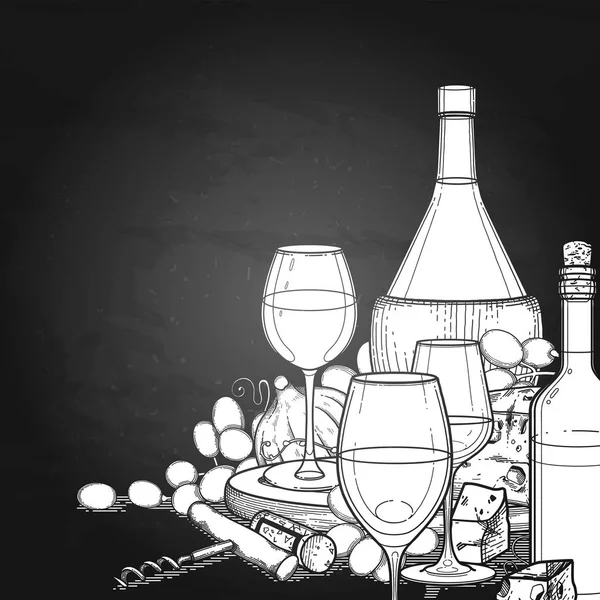 Copas gráficas de vino, botellas, uvas y queso . — Archivo Imágenes Vectoriales