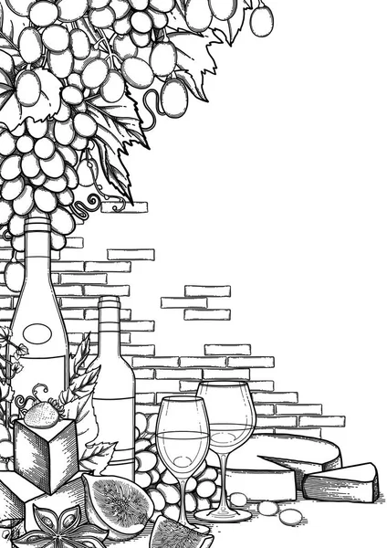 Графічні келихи для вина та пляшки, прикрашені смачною їжею — стоковий вектор