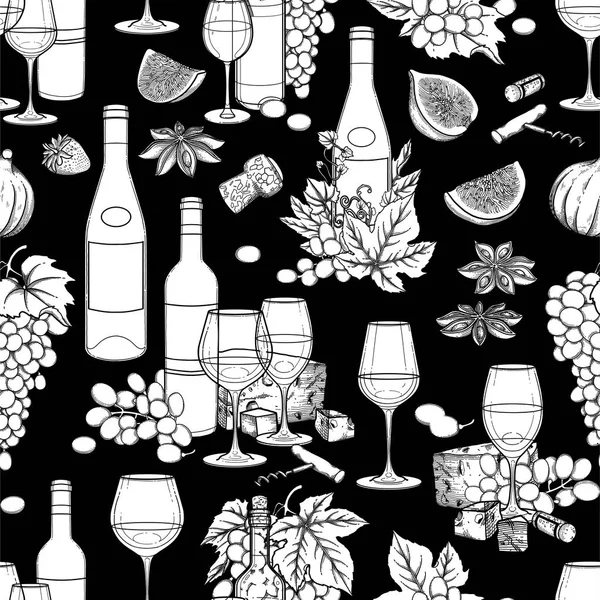 Copas de vino gráficas y botellas decoradas con deliciosa comida — Vector de stock