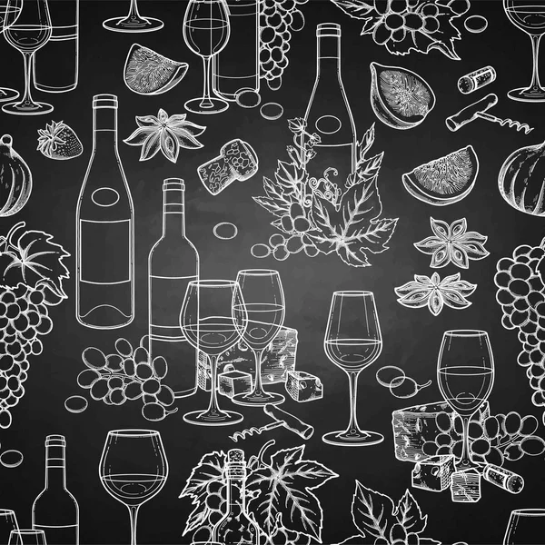 Copas de vino gráficas y botellas decoradas con deliciosa comida — Vector de stock