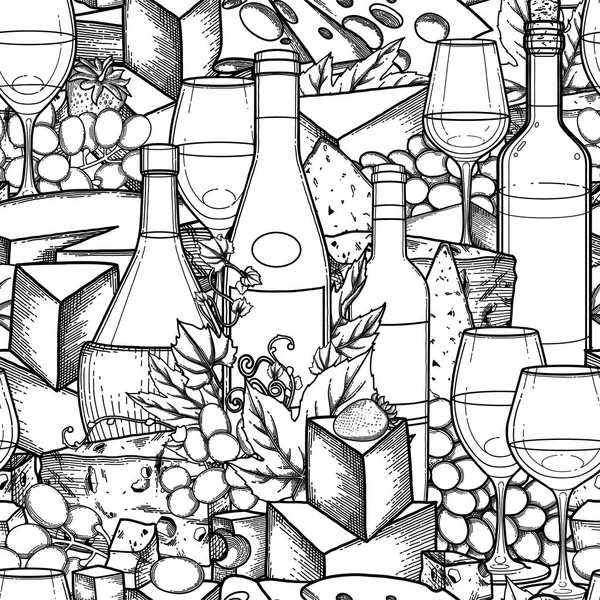 Copas gráficas de vino, botellas, uvas y queso . — Archivo Imágenes Vectoriales