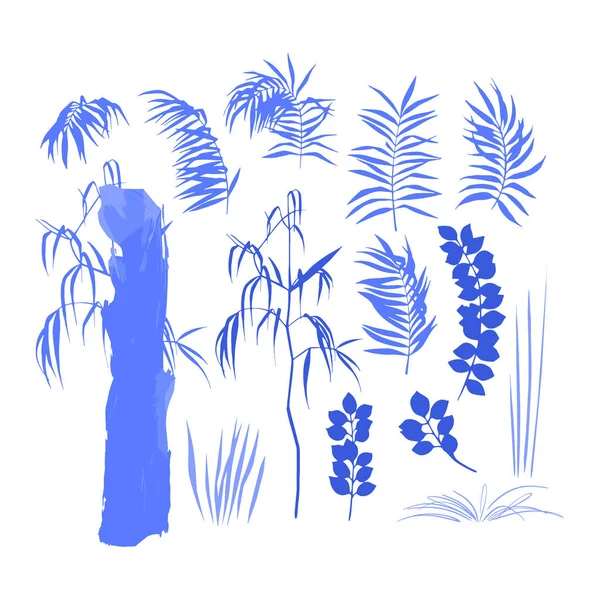Colección de hojas exóticas y árboles drwan como siluetas gráficas — Vector de stock
