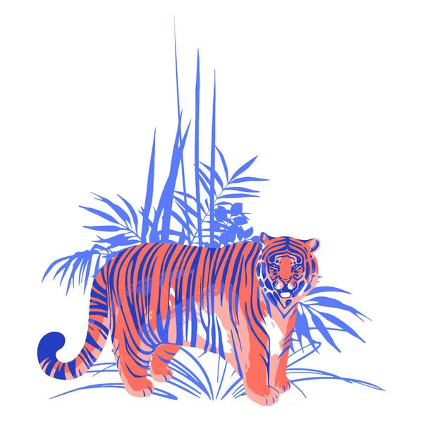 Vetor tigre gordo em pé entre as plantas exóticas . —  Vetores de Stock