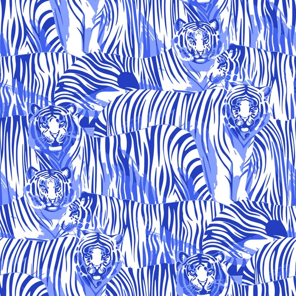 Graphic seamless pattern of standing and walking tigers. — Stock Vector