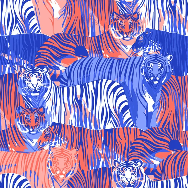 Графический бесшовный рисунок стоящих и ходячих тигров . — стоковый вектор