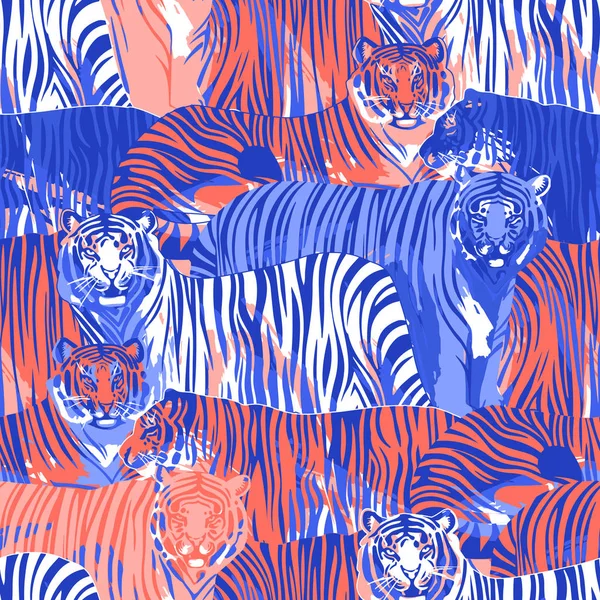 Graphic seamless pattern of standing and walking tigers. — Stock Vector