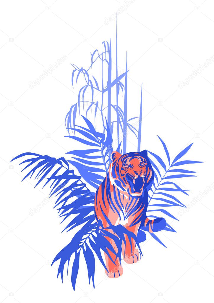 Walking and snarling tiger surrounded by tropical leaves.