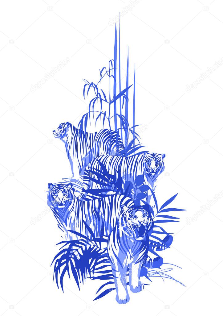 Four graphic tigers standing, walking and roaring among the exotic leaves and trees. Vector art isolated on white background