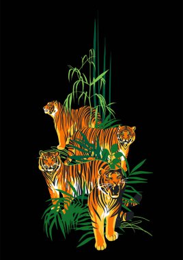 Ayakta, yürüyüş ve egzotik yaprakları arasında kükreyen dört grafik kaplanlar