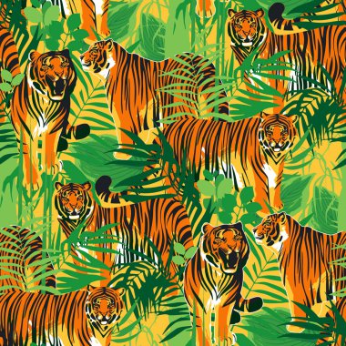 Kaplanlar farklı pozlar egzotik yaprakları tarafından çevrili içinde grafik sorunsuz kalıpları