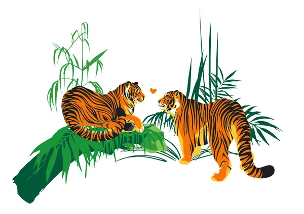 Two tigers in love looking at each other surrounded by exotic plants. — Stock Vector