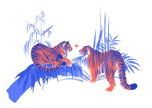 Två tigrar i love tittar på varandra omgiven av exotiska växter. — Stock vektor