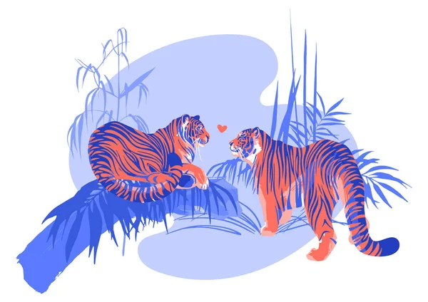 Два влюбленных тигра смотрят друг на друга в окружении экзотических растений . — стоковый вектор