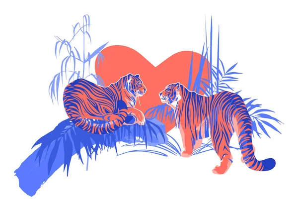 Два влюбленных тигра смотрят друг на друга в окружении экзотических растений . — стоковый вектор