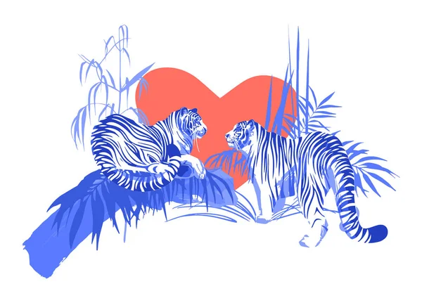 Dwa Tygrysy w miłości, patrząc na siebie nawzajem w otoczeniu egzotycznych roślin. — Wektor stockowy
