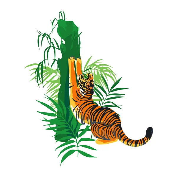 Tigre estirando el cuerpo hic, bostezando y afilando sus garras en un árbol rodeado de hojas exóticas . — Vector de stock