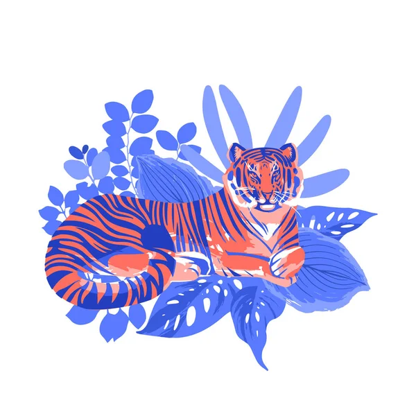 Grafische tijger met een rust onder de bladeren van de exotische. — Stockvector