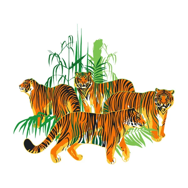 Vier grafische Tiger, die zwischen den exotischen Blättern und Bäumen stehen und gehen — Stockvektor