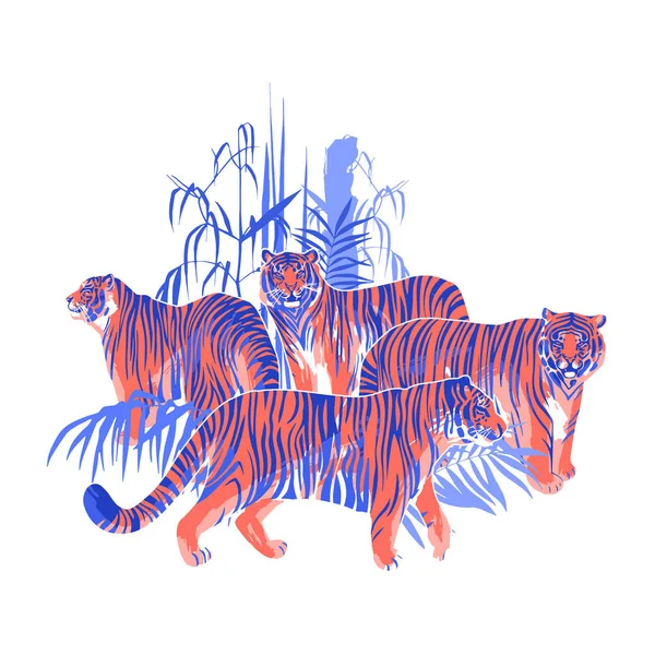 Quatre tigres graphiques debout et marchant parmi les feuilles et les arbres exotiques — Image vectorielle