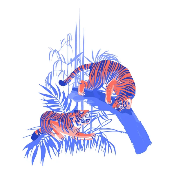 Diseño gráfico con dos tigres agresivos rodeados de plantas exóticas . — Vector de stock