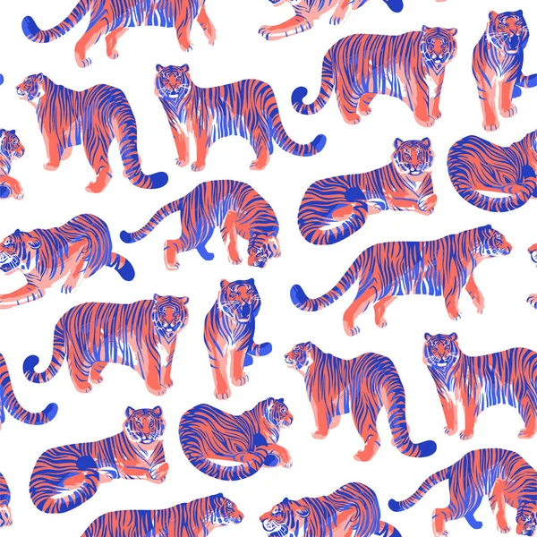 Wzór graficzny bezszwowe Tygrysy w różnych pozach. — Wektor stockowy